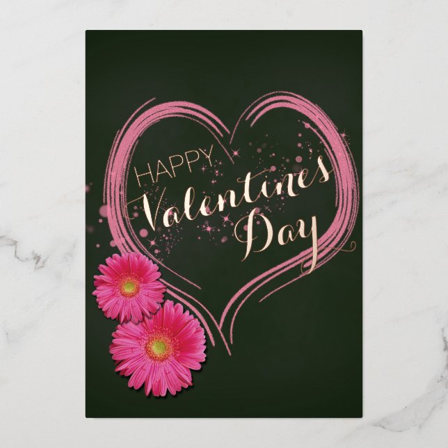 Pink Heart Flowers Valentine's Day Foil Holiday Card (Front)