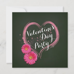 Pink Heart Flowers Valentines Day Party Invitation
