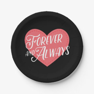 Pink Heart Forever Love Black Wedding, Engagement Paper Plate