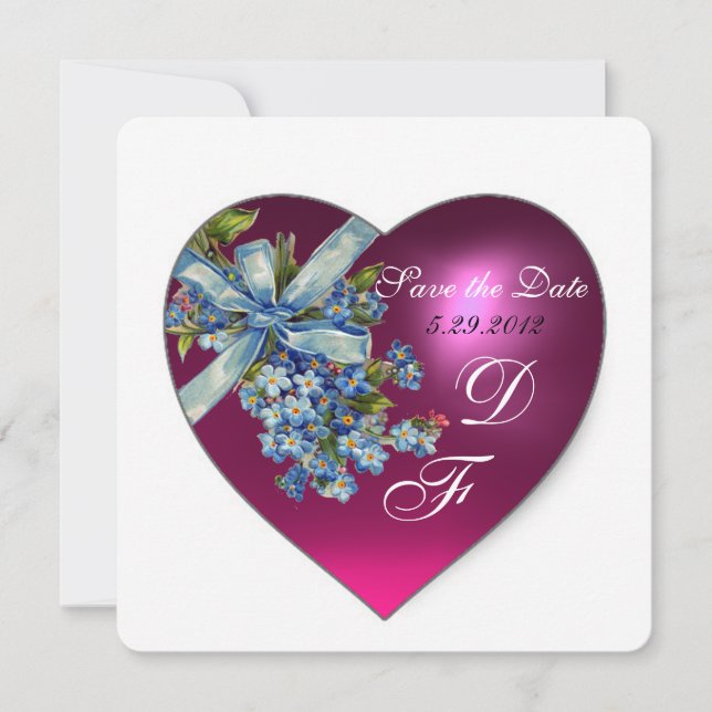 PINK HEART FORGET ME NOT MONOGRAM  Blue White Invitation (Front)
