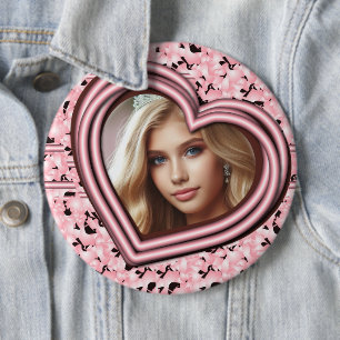 Pink Heart Frame Design Custom Pinback Photo 6 Cm Round Badge