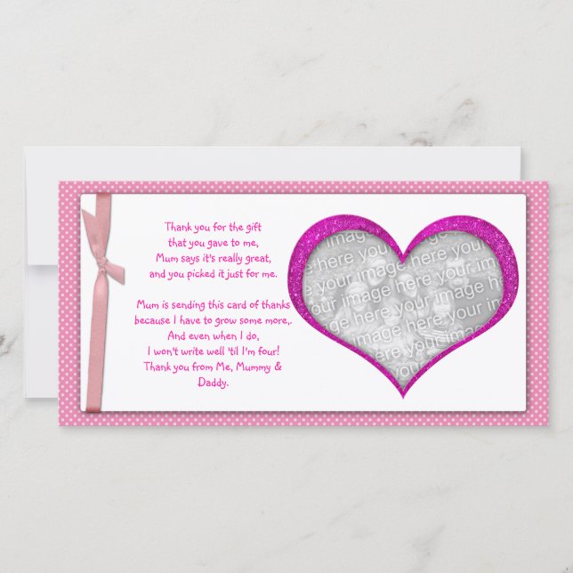 Pink Heart frame Thank You Photo Card from baby (Front)