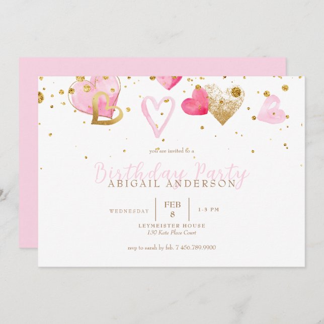 Pink Heart Girl Birthday Party Invitation (Front/Back)