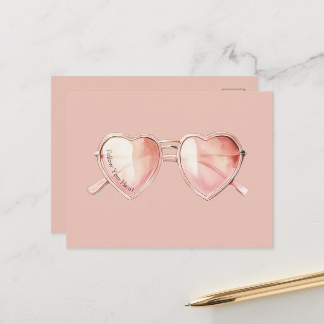 Pink Heart Glasses Quote Postcard (Front/Back In Situ)