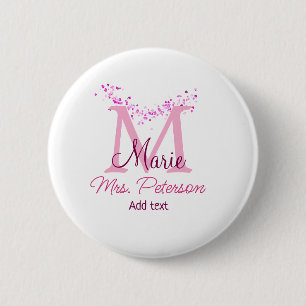 Pink heart glitter monogram teacher Mrs. Modern gi 6 Cm Round Badge