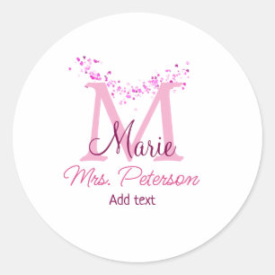 Pink heart glitter monogram teacher Mrs. Modern gi Classic Round Sticker