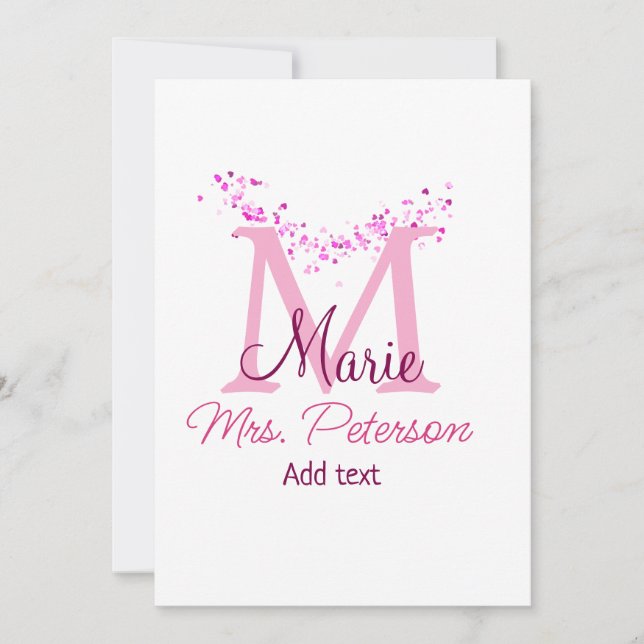 Pink heart glitter monogram teacher Mrs. Modern gi Invitation (Front)