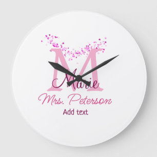 Pink heart glitter monogram teacher Mrs. Modern gi Large Clock