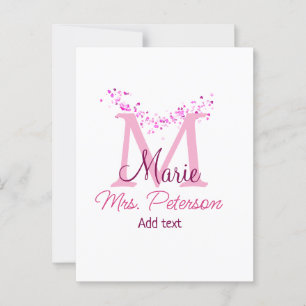 Pink heart glitter monogram teacher Mrs. Modern gi Postcard