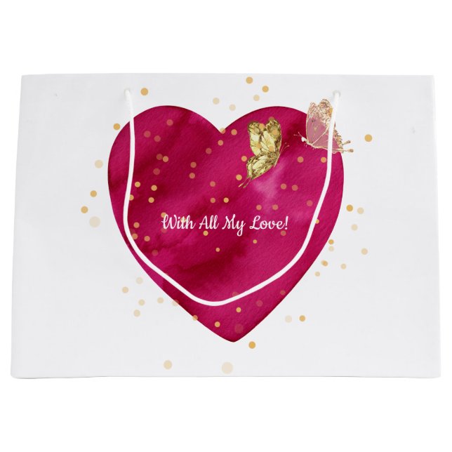 Pink Heart & Gold Butterfly Valentine Wrapping Large Gift Bag (Front)