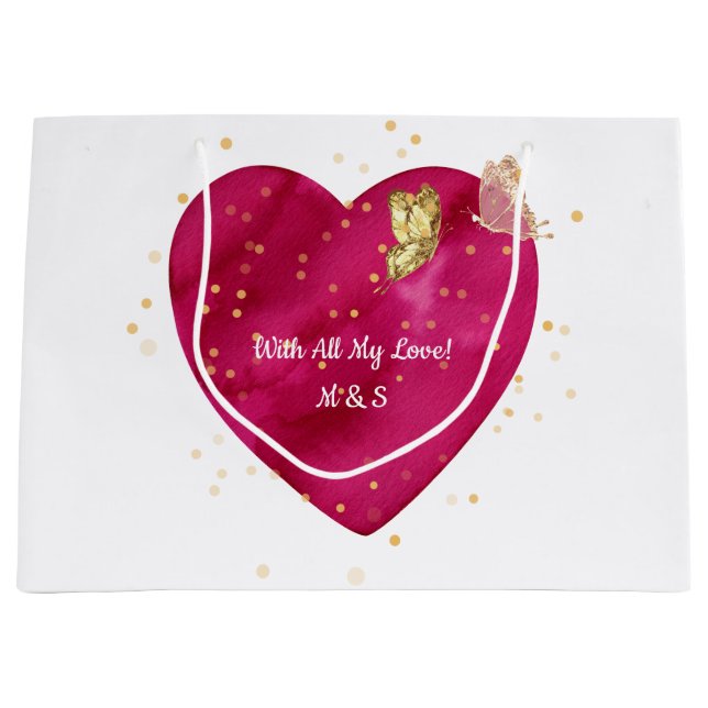 Pink Heart & Gold Butterfly Valentine Wrapping Large Gift Bag (Front)