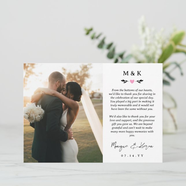 Pink Heart Greenery Printed Message Wedding Thank You Card (Standing Front)