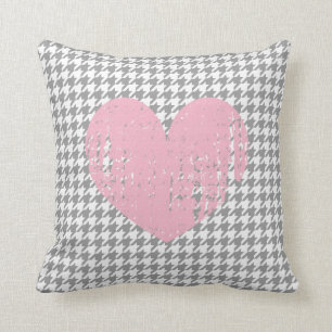 Pink heart & grey houndstooth pattern throw pillow