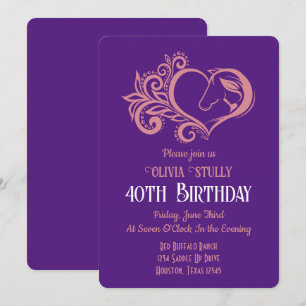 Pink Heart, Horse and Girl, Elegant, 40th Birthday Invitation