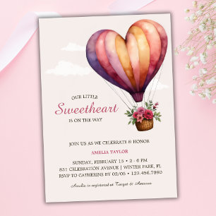 Pink Heart Hot Air Balloon Girl Baby Shower Invitation