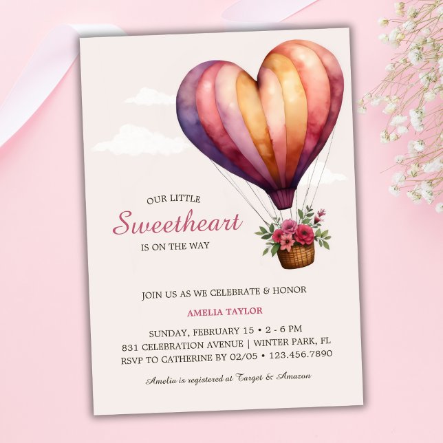Pink Heart Hot Air Balloon Girl Baby Shower Invitation (Pink Heart Hot Air Balloon Girl Baby Shower Invitation)