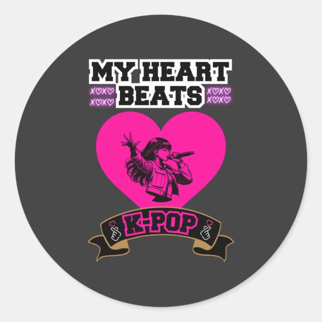 Pink Heart Idol Singing KPop Music Love Design Classic Round Sticker (Front)