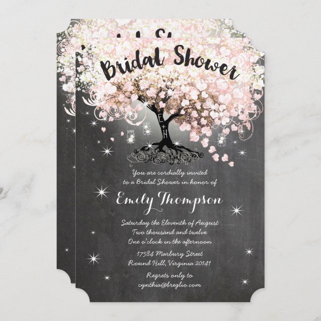 Pink Heart Leaf Tree Bridal Shower Invite (Front/Back)