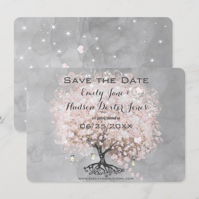 Pink Heart Leaf Tree Save the Date Invitation (Front/Back)