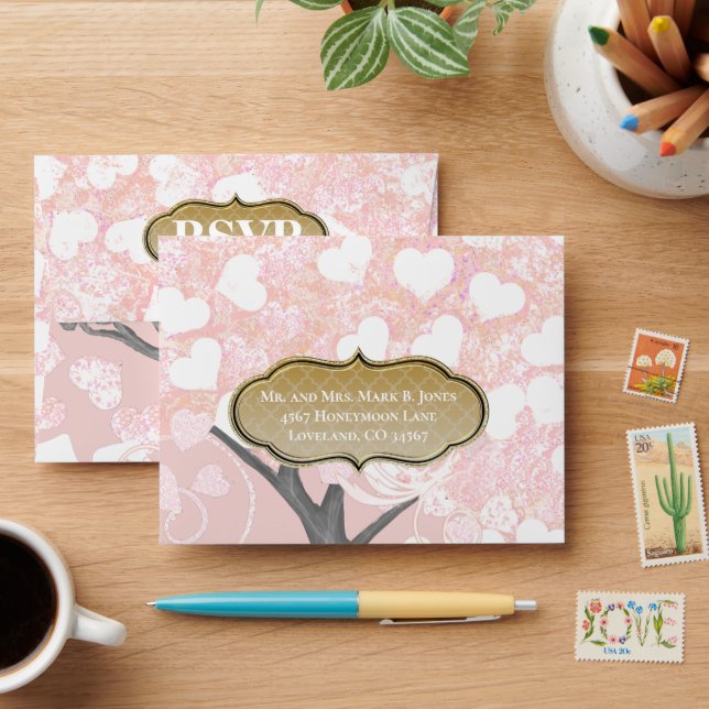 Pink Heart Leaf Tree Wedding Envelopes (Desk)