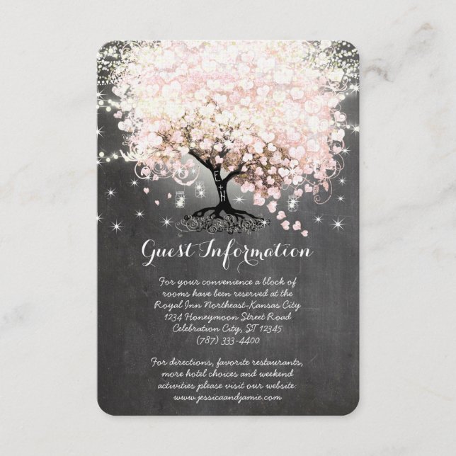 Pink Heart Leaf Tree Wedding Information Card (Front)