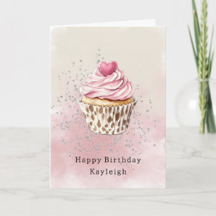 Pink Heart Leopard Cupcake Birthday Card