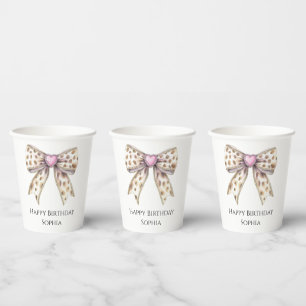 Pink Heart Leopard Girly Bow Birthday Paper Cups
