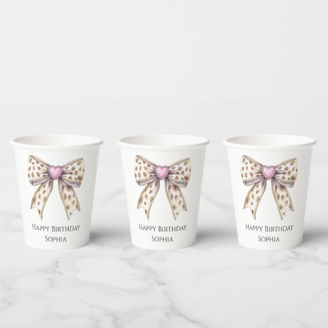 Pink Heart Leopard Girly Bow Birthday Paper Cups (Multi)