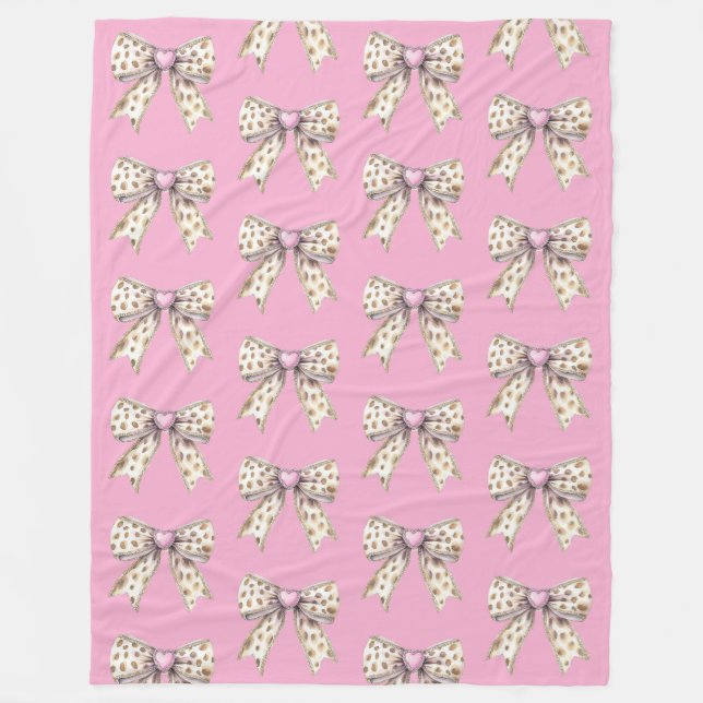 Pink Heart Leopard Girly Bow   Fleece Blanket (Front)