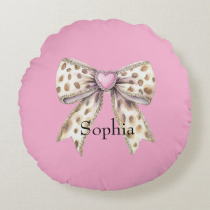 Pink Heart Leopard Girly Bow   Round Cushion