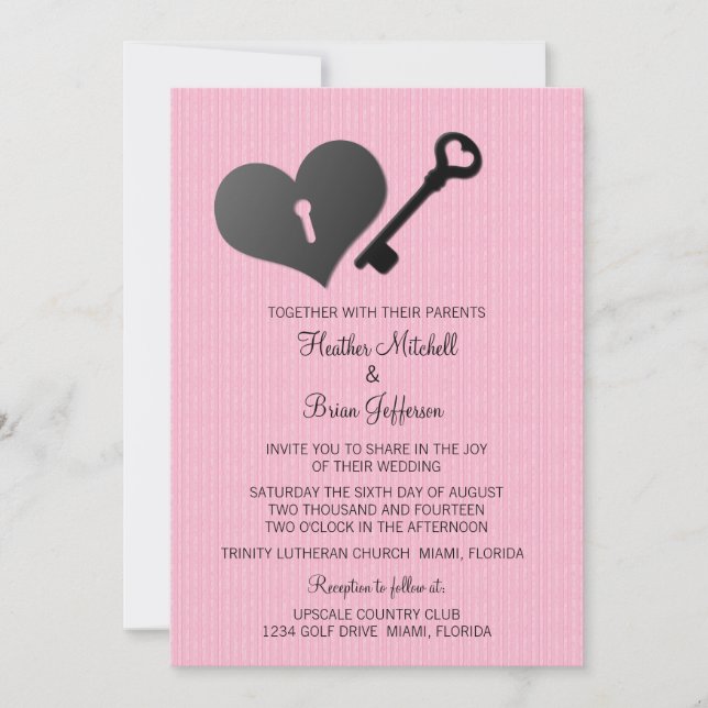 Pink Heart Lock and Key Wedding Invite (Front)