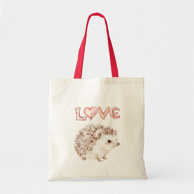 Pink Heart Love Balloons Cute Hedgehog Tote Bag (Front)