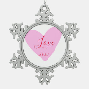 Pink heart love happy Valentine's day text red nam Snowflake Pewter Christmas Ornament
