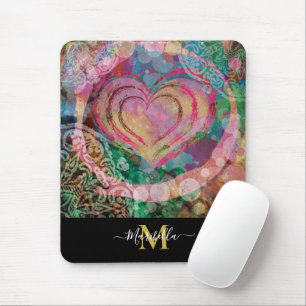 Pink Heart Love Mandala Personalise Monogram Boho Mouse Pad