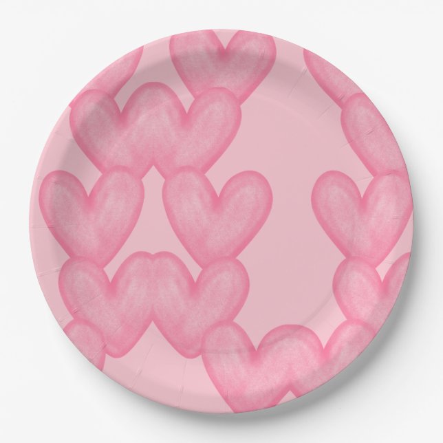 Pink Heart Love Pattern Paper Plates (Front)