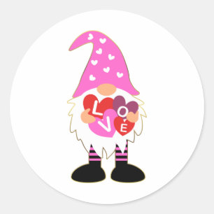 Pink Heart LOVE Valentine Gnome Classic Round Sticker