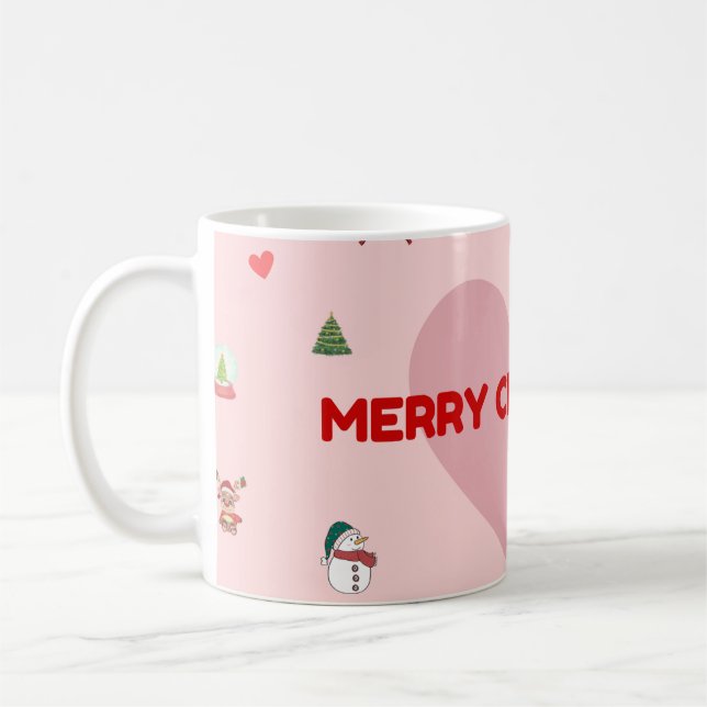"Pink Heart Merry Christmas Coffee Mug with Festiv (Left)