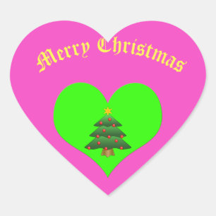 Pink Heart Merry Christmas Green Tree Sticker
