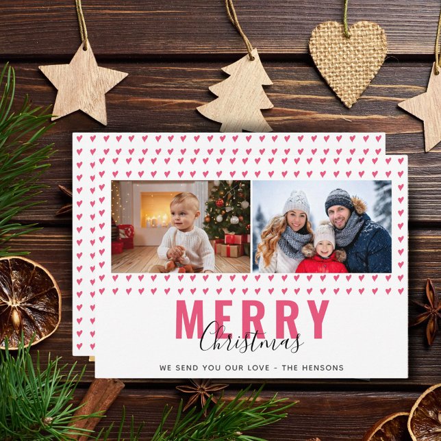 Pink Heart Merry Christmas Script Family Photo Holiday Card (Creator Uploaded)
