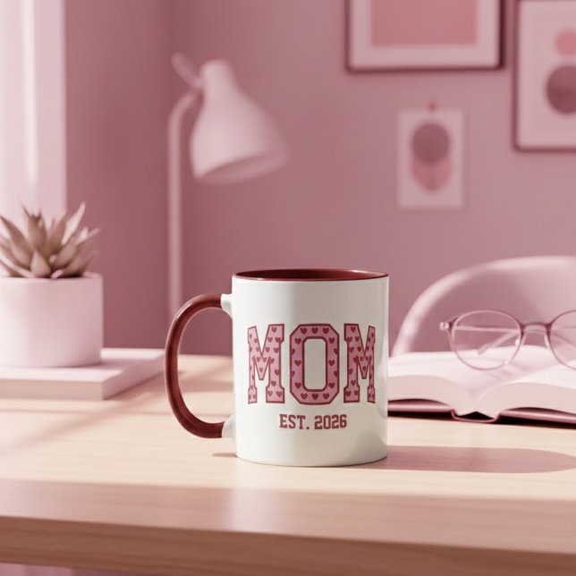 Pink Heart Mum Est Year Varsity Design Mug (Creator Uploaded)