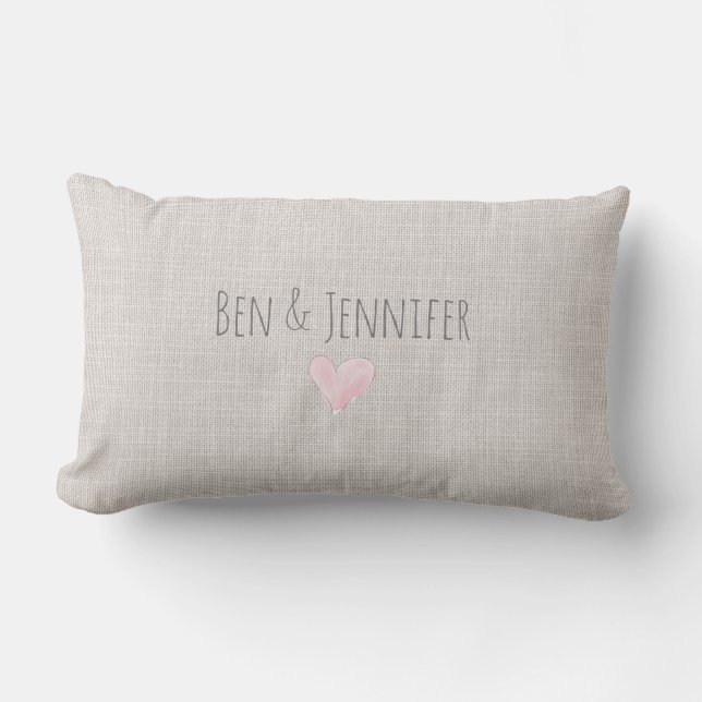 Pink Heart NAMES DATE Love Couple Linen Sweet Lumbar Cushion (Front)