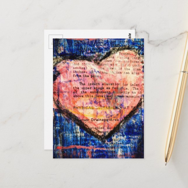Pink Heart On Blue Mixed Media Collage Postcard (Front/Back In Situ)