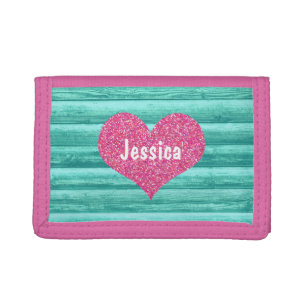 Pink Heart on Teal Turquoise Wood Girly Name Tri-fold Wallet