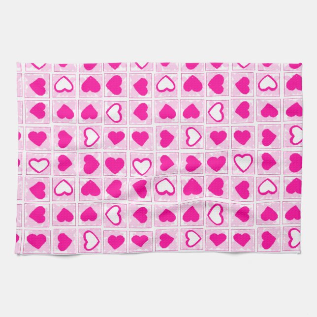 Pink Heart Pastel Fun Squares Tea Towel (Horizontal)