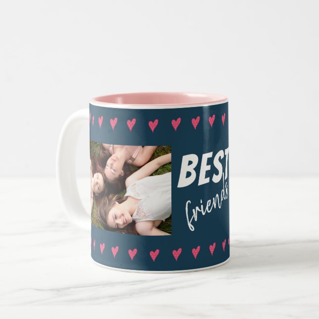 Pink Heart Pattern Best Friends 2 Photo Two-Tone Coffee Mug (Front Left)