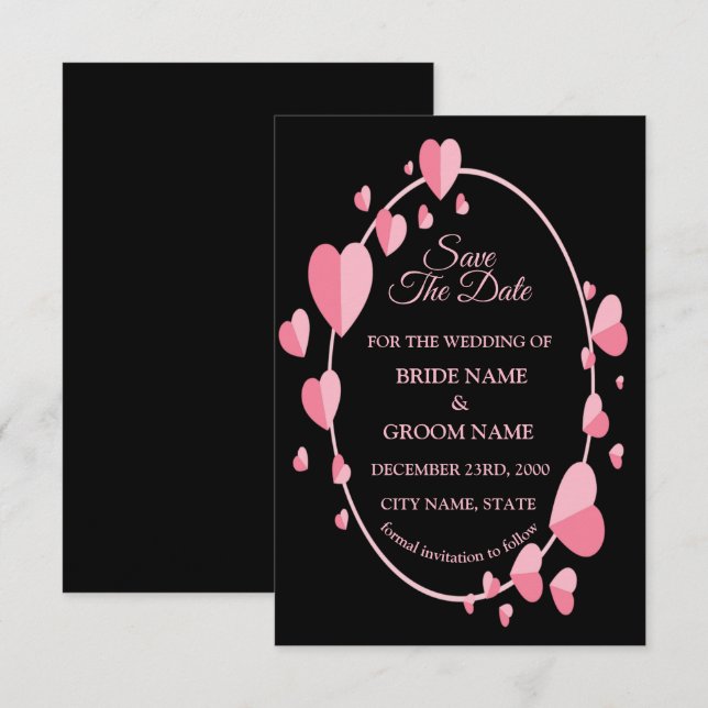 Pink Heart Pattern Black Geometric Elegant Wedding Save The Date (Front/Back)