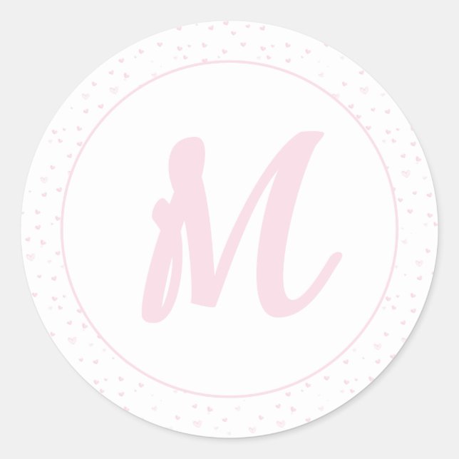 Pink Heart Pattern Girly Romantic Monogrammed Classic Round Sticker (Front)