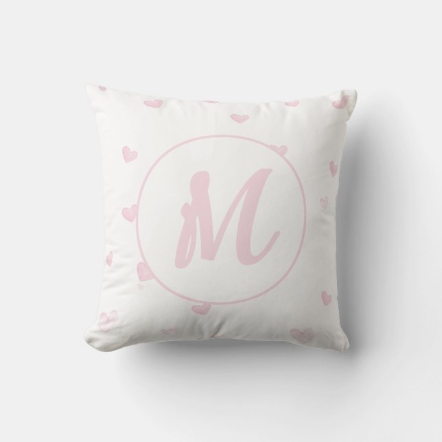 Pink Heart Pattern Girly Romantic Monogrammed Cushion (Front)