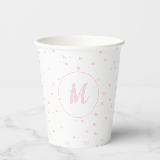 Pink Heart Pattern Girly Romantic Monogrammed Paper Cups (Front)