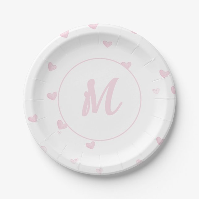 Pink Heart Pattern Girly Romantic Monogrammed Paper Plate (Front)